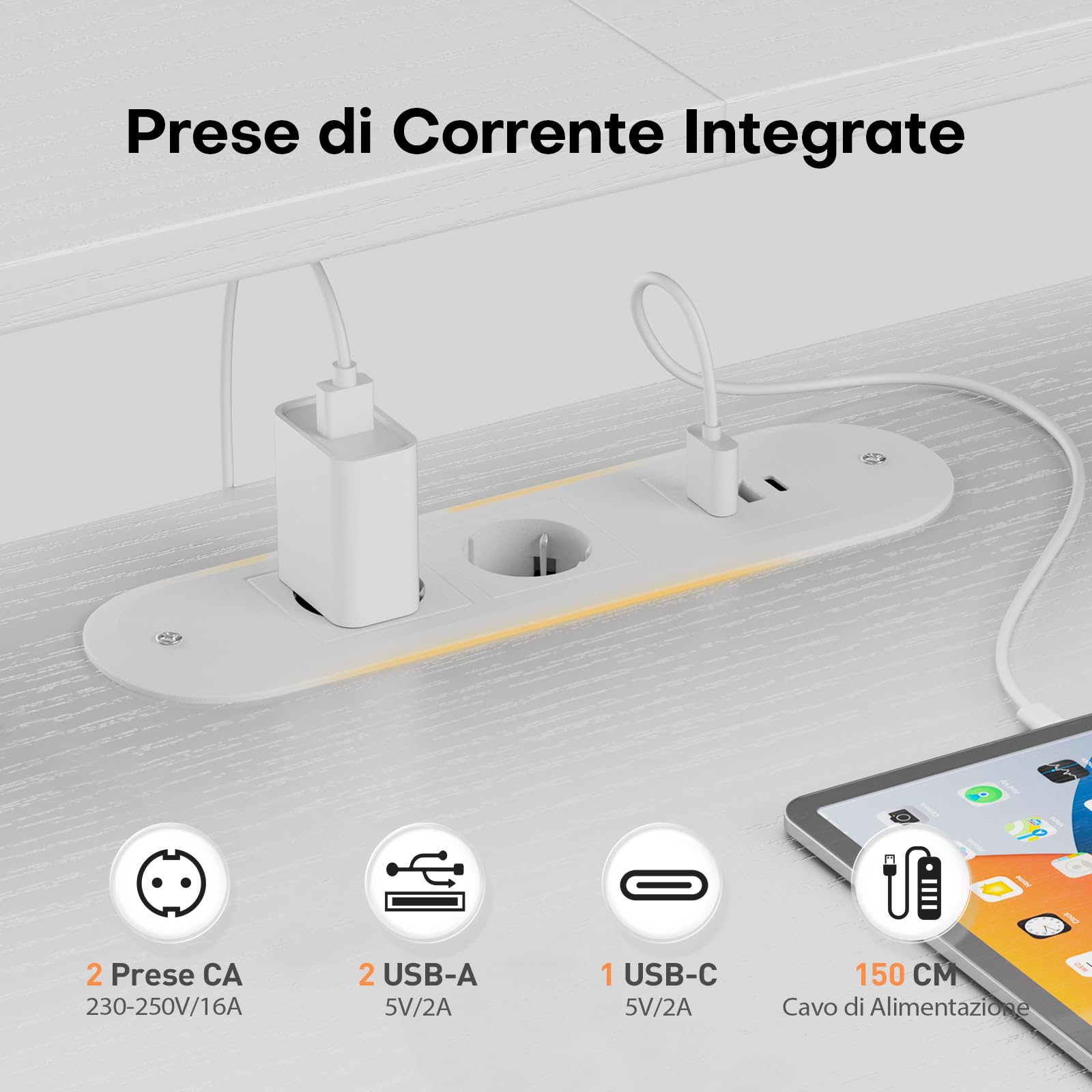 SOLAVERO Scrivania Gaming con LED e Presa, 112cm Scrivania Computer Reversibile con Ripiani & Cassetti in Tessuto, Tavolo Gamer con Supporto per Monitor e Gancio per Cuffie, Bianco