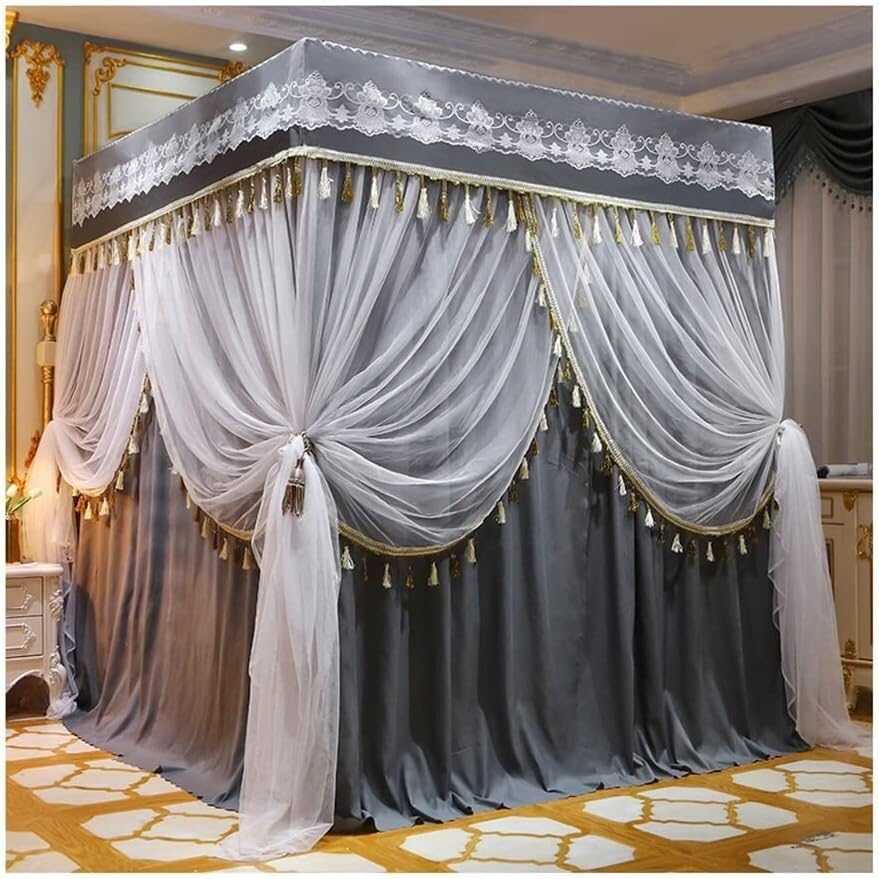 Mosquitera con soporte Quarterpost para noches de verano sin insectos en cama gris