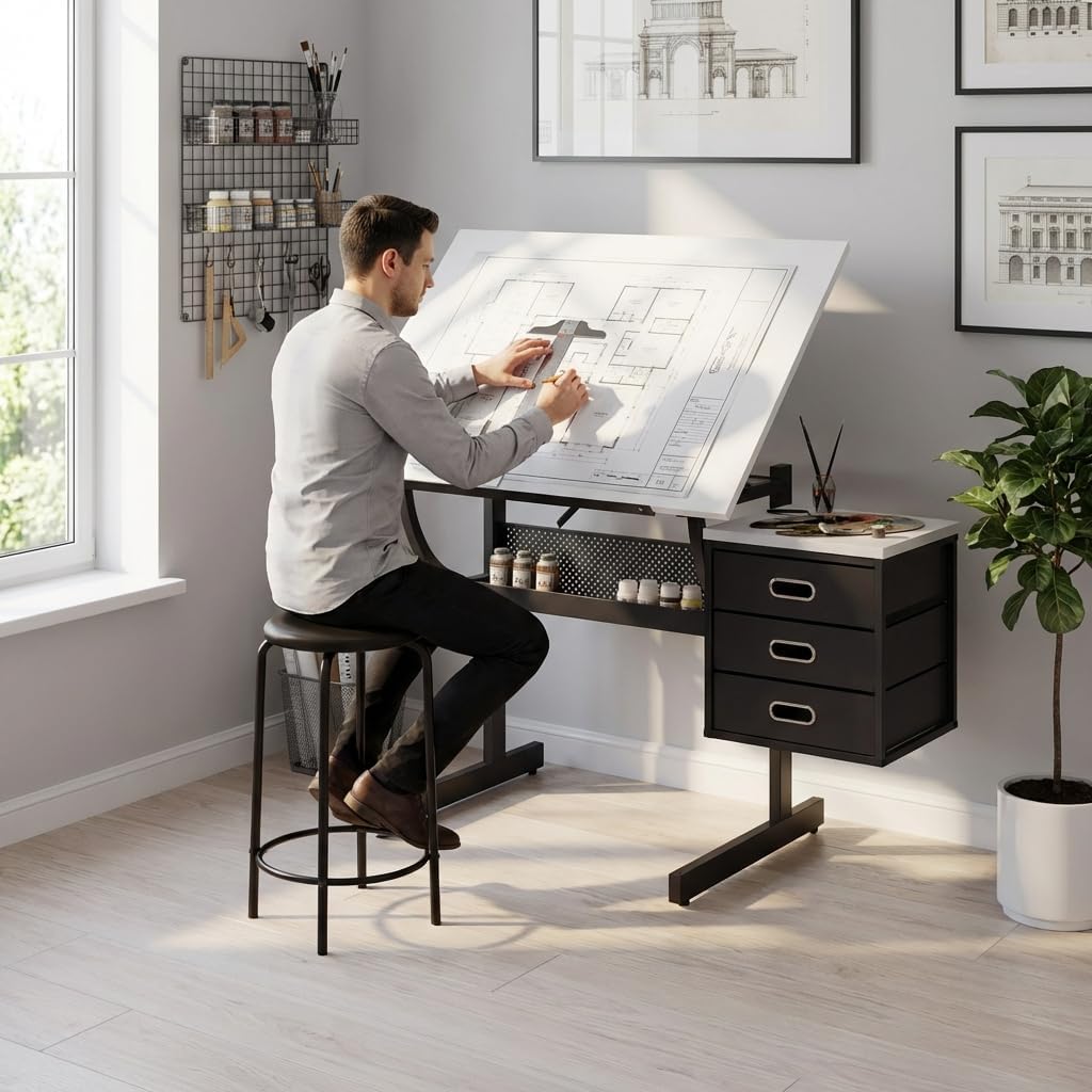 Adjustable Art Desk with Storage, 0-75° Tilting Drafting Table, 3 Drawers, Free Stool - Ideal for Diamond Painting, Architecture, Animation Projects (White)
