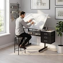 Adjustable Art Desk with Storage, 0-75 Tilting Drafting Table, 3 Drawers, Free Stool - Ideal for Diamond Painting, Architecture, Animation Projects White
