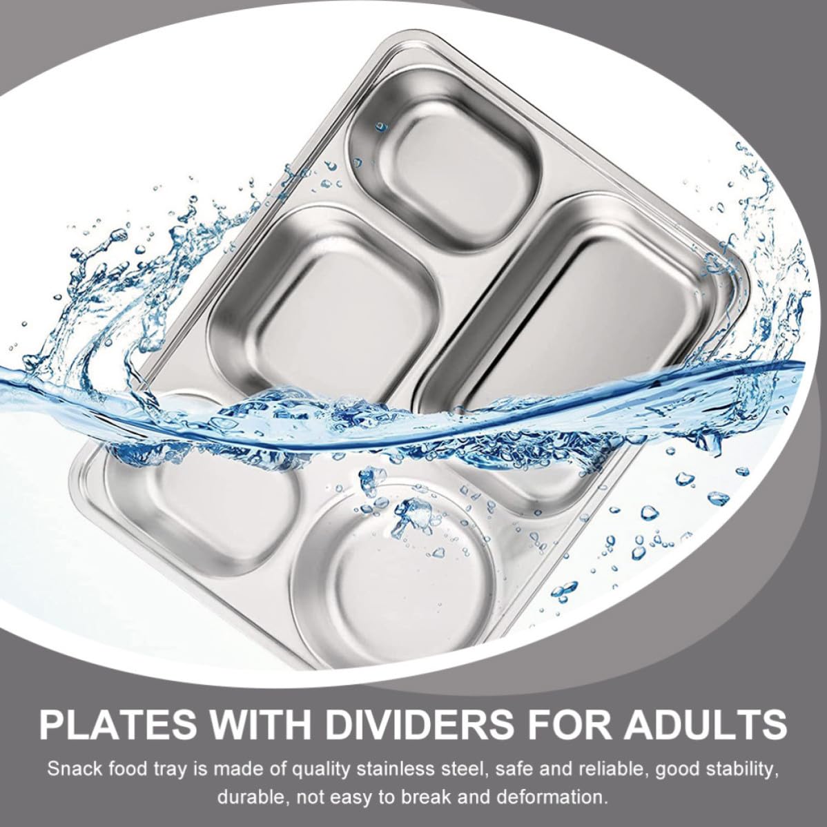 NUOBESTY Plateaux Repas Compartimentés Faciles à Nettoyer et Résistantes Lot de 3 en Acier Inoxydable Argenté, Assiettes Rectangulaires pour Camping et Usage Domestique
