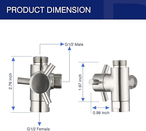 Miniatura 5 de PDPBath Válvula desviadora de brazo de ducha de 3 vías de latón para cabezal de ducha de mano y cabezal de ducha fijo, conexión universal G12 -
