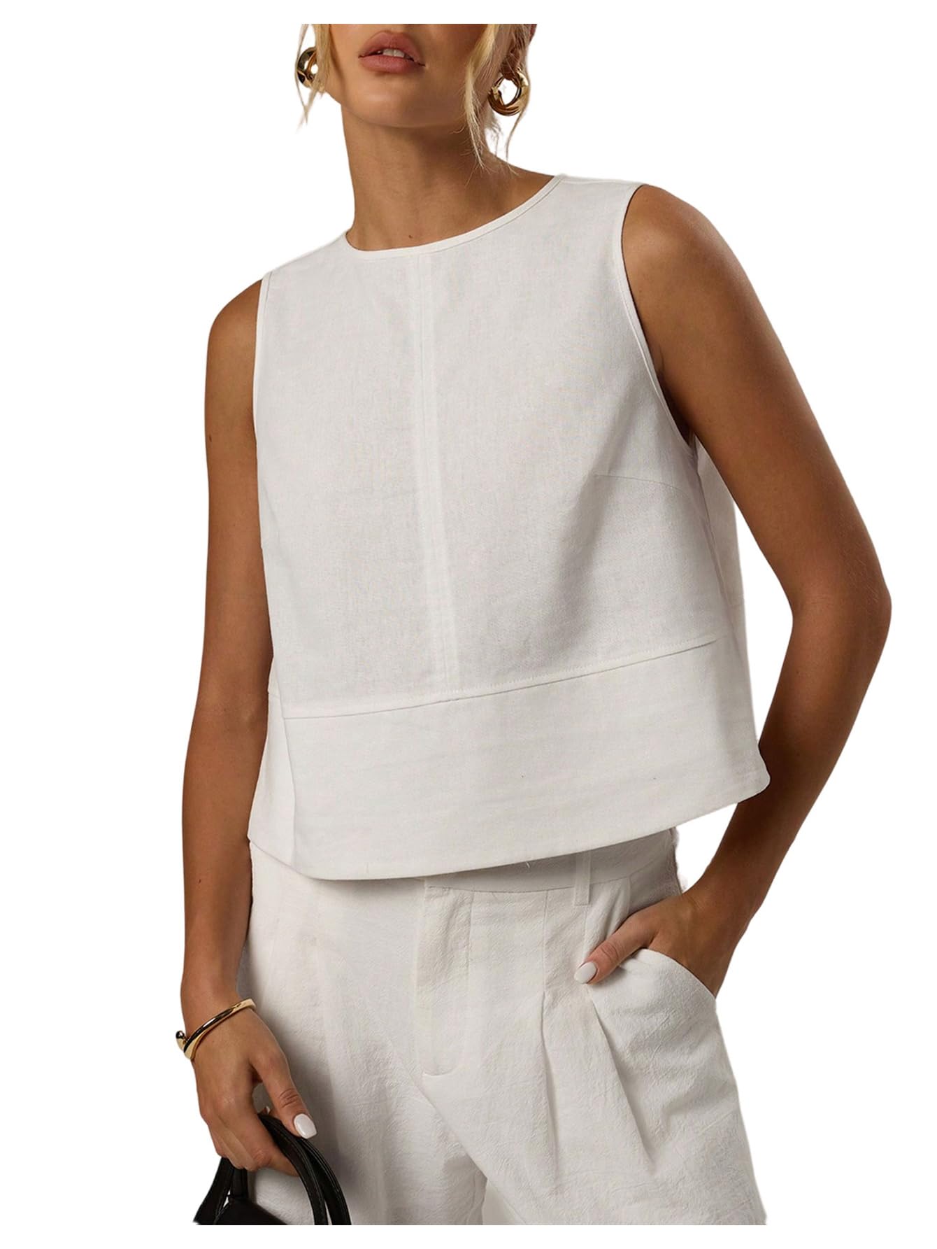 MakeMeChic Women's Linen Shirts Dressy Tops Summer Crop Tank Tops Sleeveless Blouse Work Shirts