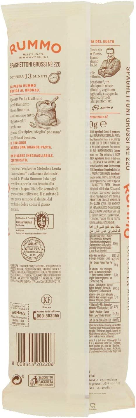 10x Rummo Spaghettoni Grossi N. 220 Hartweizengrieß Pasta Italienische Nudeln 500g Packung + Italian Gourmet Polpa di Pomodoro 400g Dose
