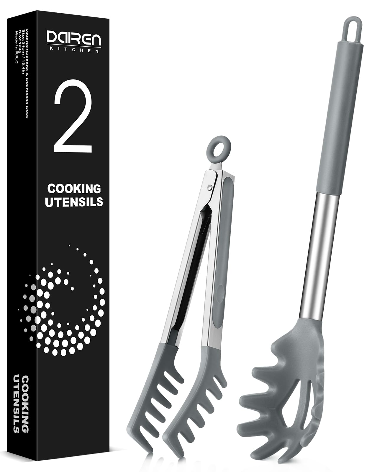 Spaghetti Spoon and Pasta Tong, Non-Stick Silicone Spoon Server Fork with Teeth and Stainless Steel Handle Spaghetti Tong, Food Clip for Spaghetti Noodle (Grey)