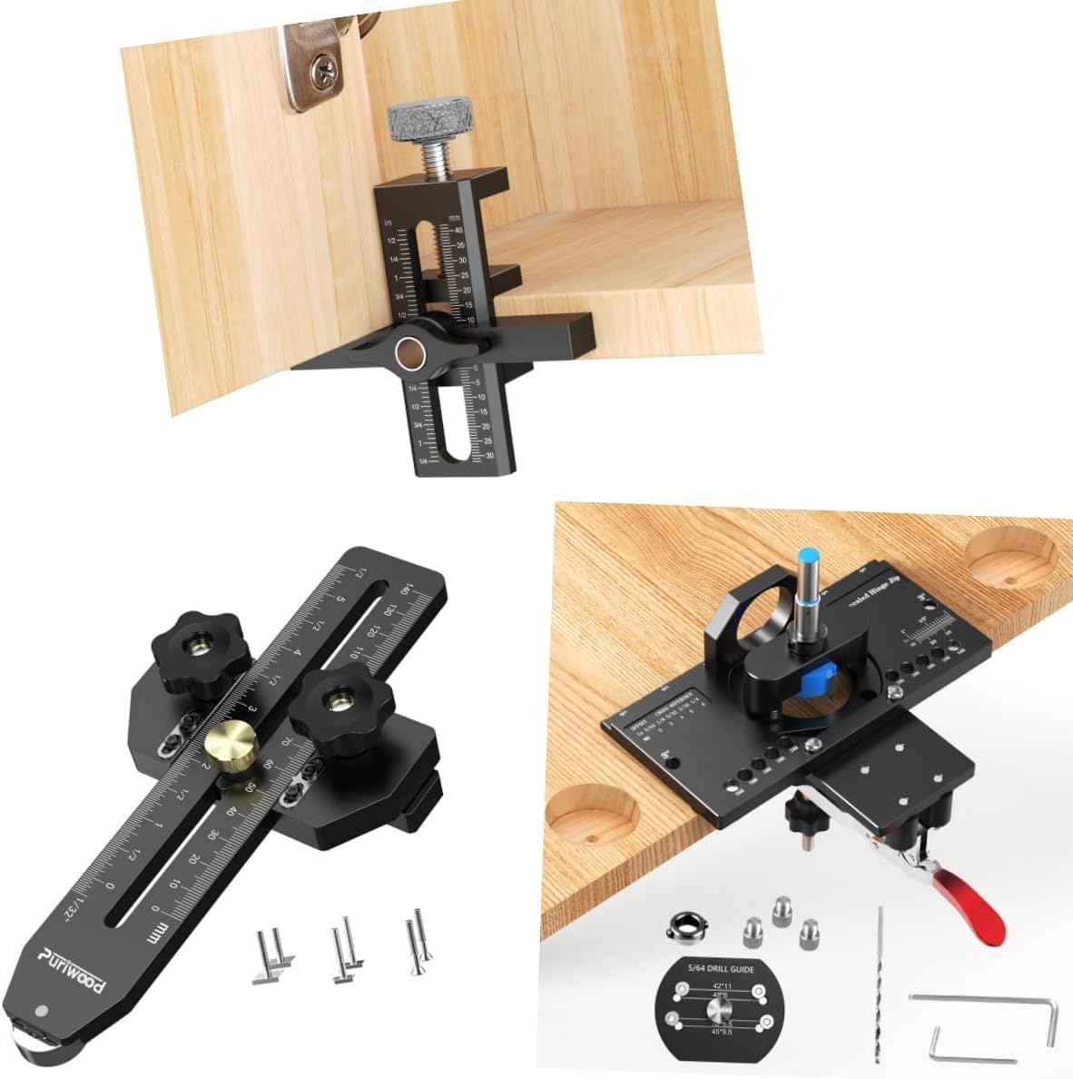 3-in-1 Woodworking Jig Set — Concealed Hinge Jig, Cabinet Door Installation Jig, and Thin Rip Jig for Precise Cabinet Mounting, Hinge Hole Drilling, and Table Saw Rip Cutting