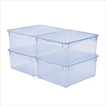 Rotho Clear Box Set of 4 Storage Boxes 18 L with Lid, Space-Saving Stackable 40 x 33.5 x 17 cm, Transparent Blue