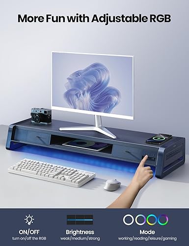 Miniatura 5 de Vaydeer Soporte elevador de monitor dual todo en uno con 2 cajones, 8 puertos USB y almohadilla de carga inalámbrica con tira de luz LED para 2