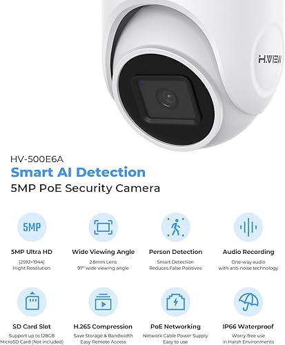 Miniatura 4 de H.VIEW Cámara de torreta IP PoE de 5 MP para exteriores con audio, micrófono, videovigilancia, visión nocturna Super HD, seguridad para el hogar de