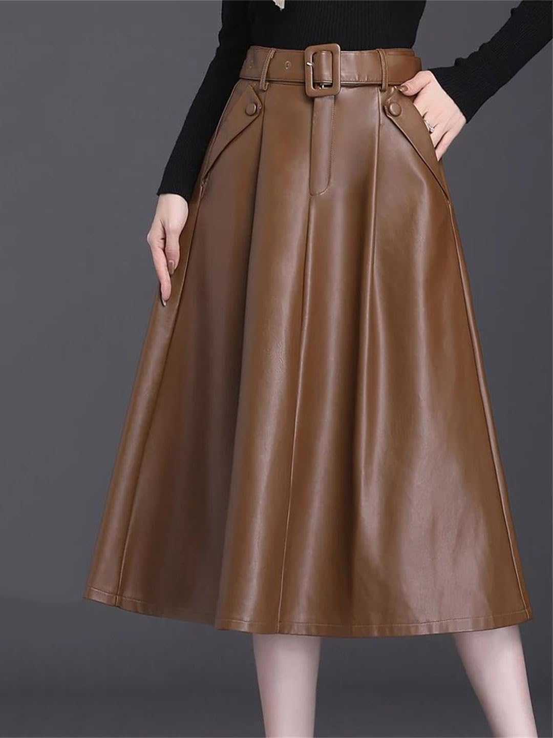 Suwequest Autumn Winter Ladies Skirts Pockets Pleated High Waist Leather Women Skirts