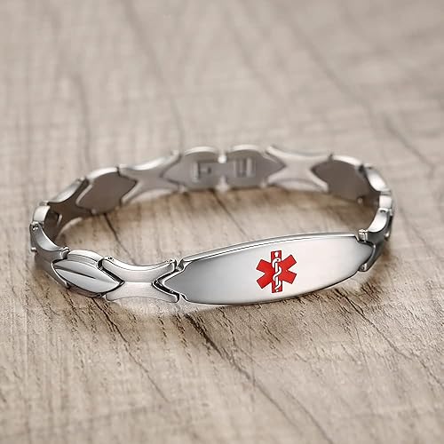 Miniatura 10 de LinnaLove Pulsera de alerta médica brillante de moda con grabado gratuito de acero inoxidable pulsera de identificación médica para mujer