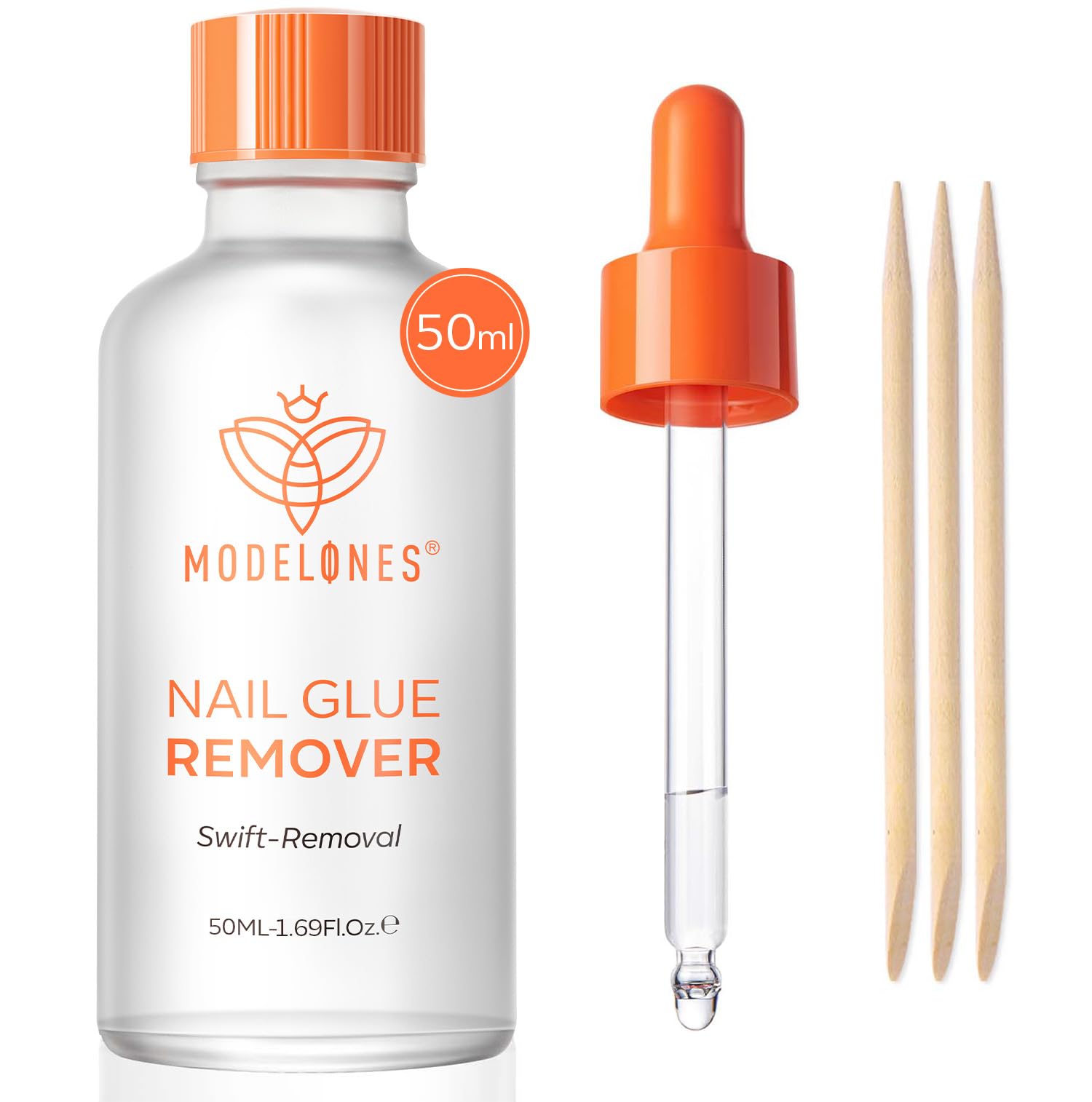 Modelones 50 ML Base Coat Nail Glue Remover for Press On Nails, Upgrade Clear Stick On Nails Remover for Acrylic Tips, Nail Polish Remover with Wood Stick