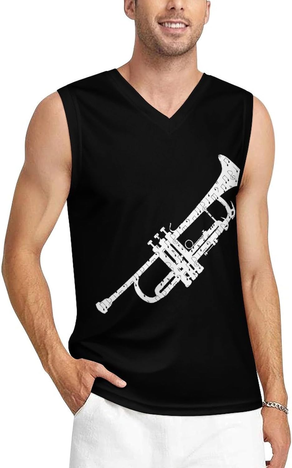 Trumpet Music Notes Men's V-Neck Basketball Tank Top Sleeveless Workout Tank Shirts Gym Fitness Tees Vest