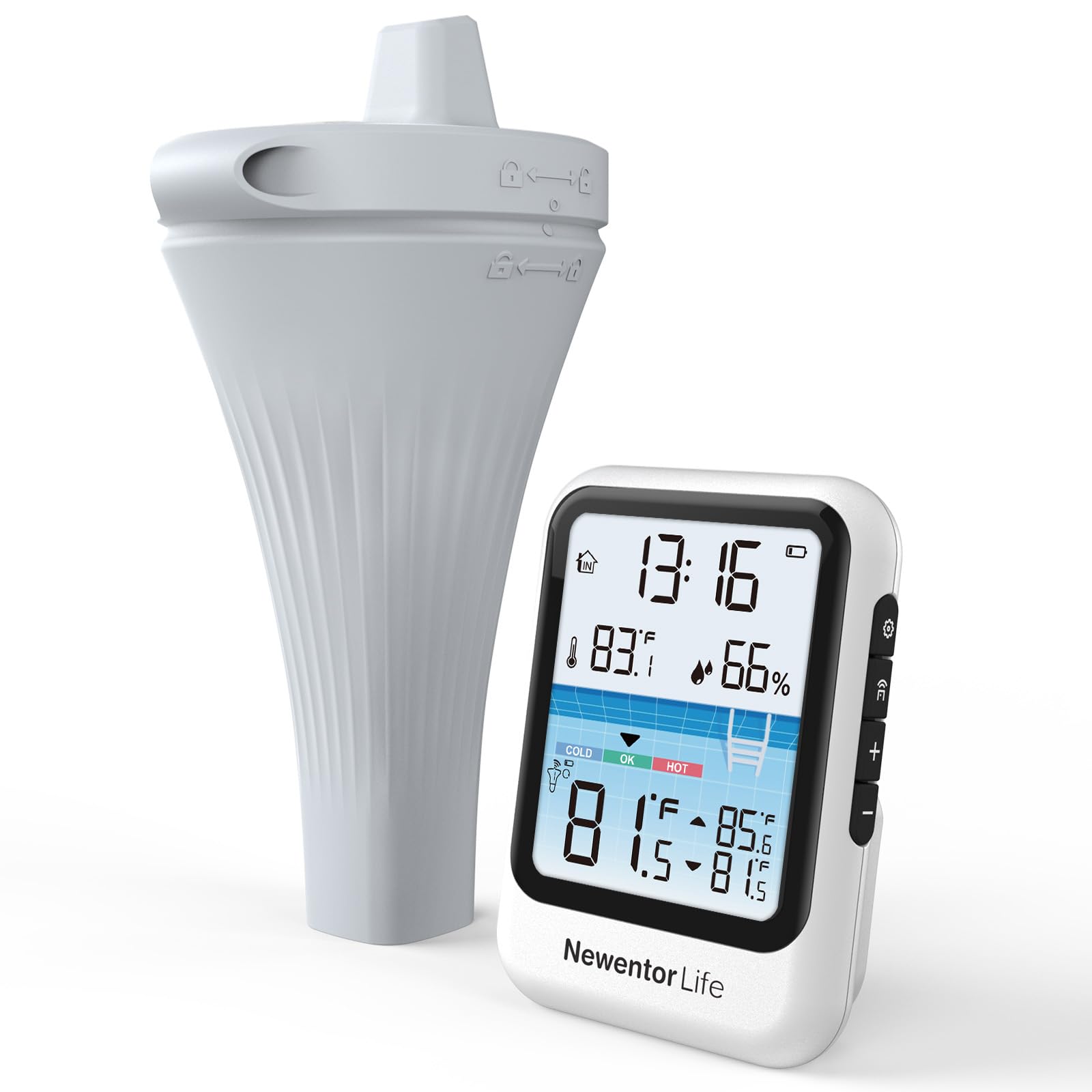 Thermomètre de piscine flottant facile à lire, thermomètre numérique IPX8 sans fil, jauge de température de l'eau avec température intérieure, thermostat flottant pour jacuzzi/aquarium, blanc grisâtre