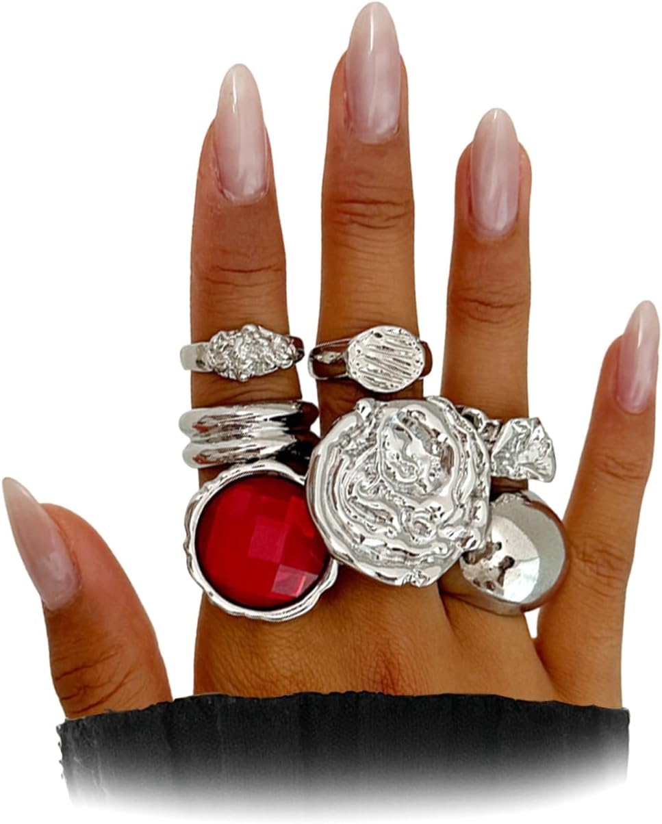 7Pcs Gold Chunky Dome Knuckle Rings for Women,Vintage Aesthetic Geometric Stacked Ring Set,Personalized Anniversary Jewelry Accessories Gifts