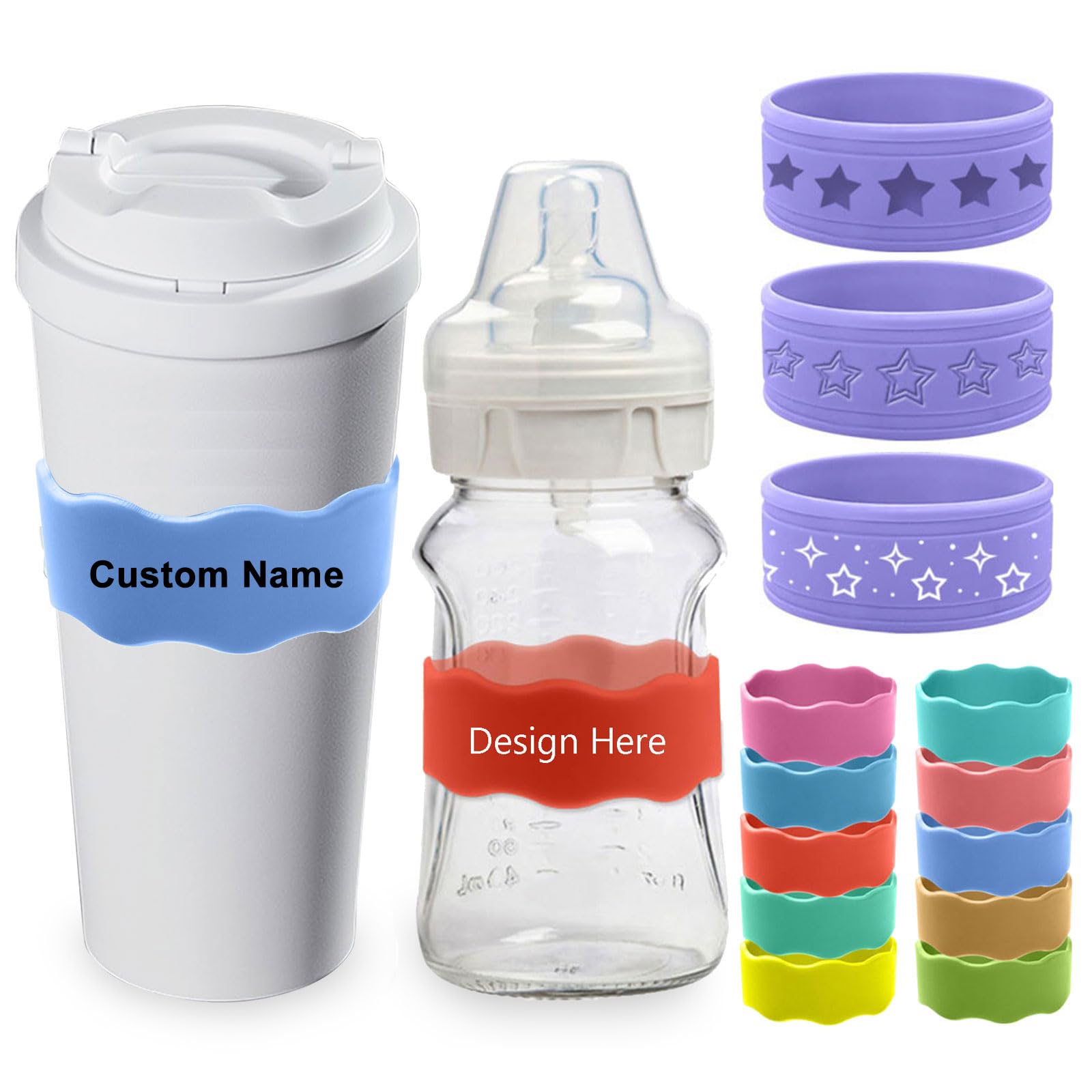 Custom Bottle Bands Personalised Silicone Water Bottle Labels Printed/Laser Engraving/Hollow Out Name Labels Custom Silicone Bottles Labels for Daycare Non-Slip Reusable (Wave)