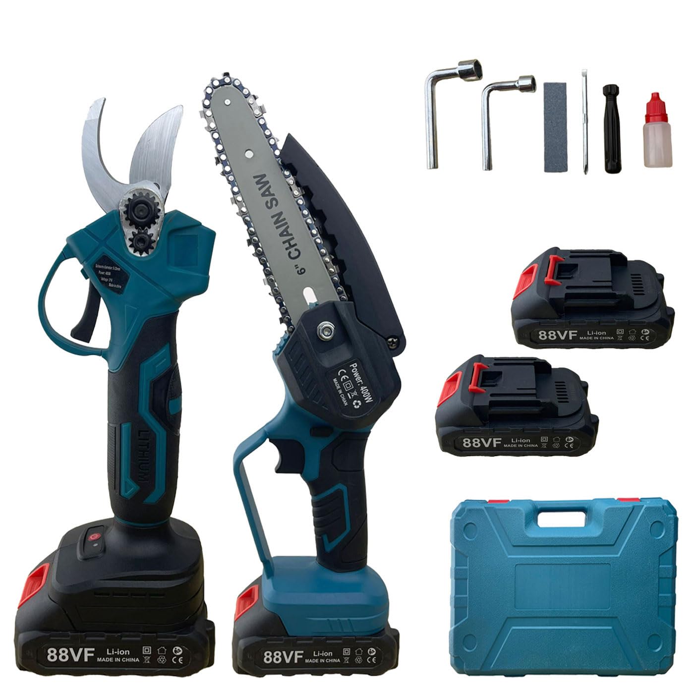 Set da potatura a batteria, forbici potatura a batteria 88v e motosega a batteria 88V da 6 pollici, il kit comprende 2 batterie da 88V e valigetta Potatura Giardino Rami Arbusti Vigneto
