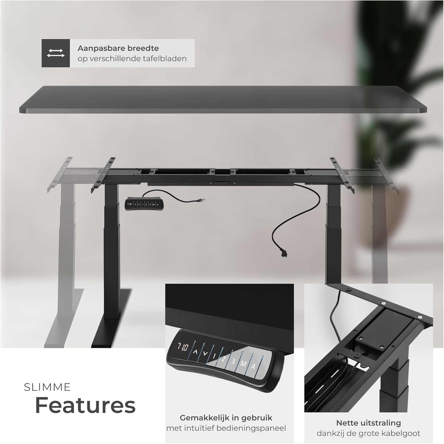 Adjustable width and cable management of the desk frame