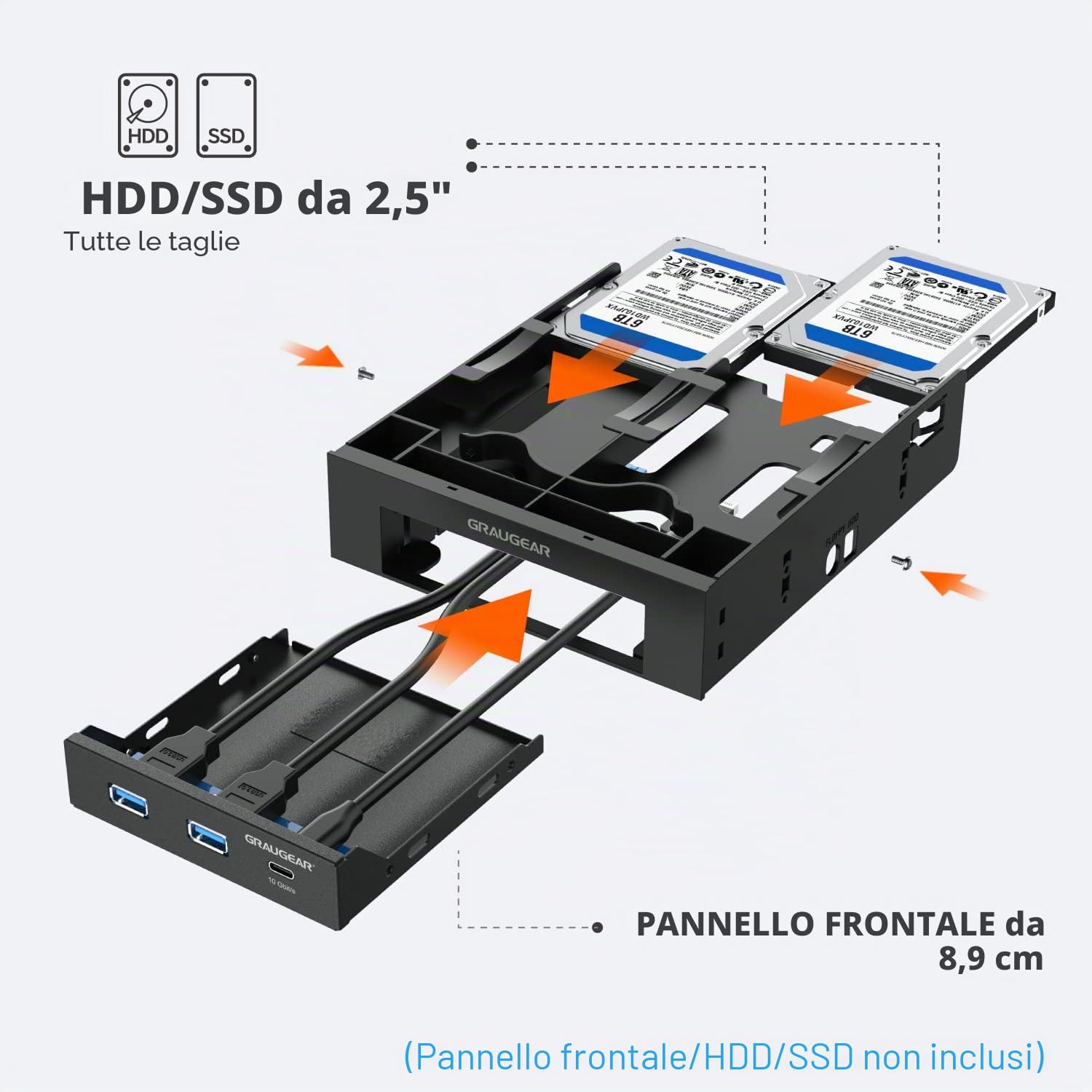 GRAUGEAR | Telaio di montaggio per 2 dischi HDD/SSD da 2,5 pollici e 1 unità HDD da 3,5 pollici su alloggiamento da 5,25 pollici | Pannello anteriore da 5,25" | G-CV-235T525