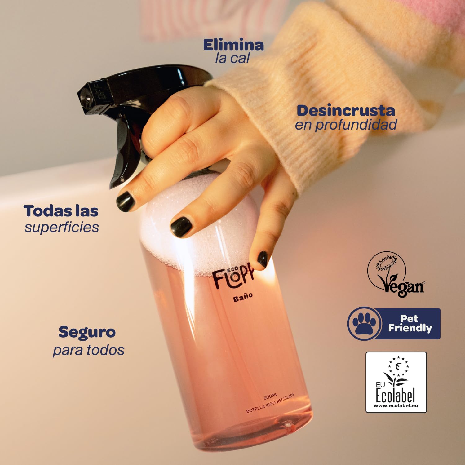 Flopp Limpiador de Baños Eco - Desincrustante - Eficaz contra la cal - Pack 6 Botellas de 500 ml (3L) - Formato ultraconcentrado - Ecolabel & Certificación Vegan - Multiusos