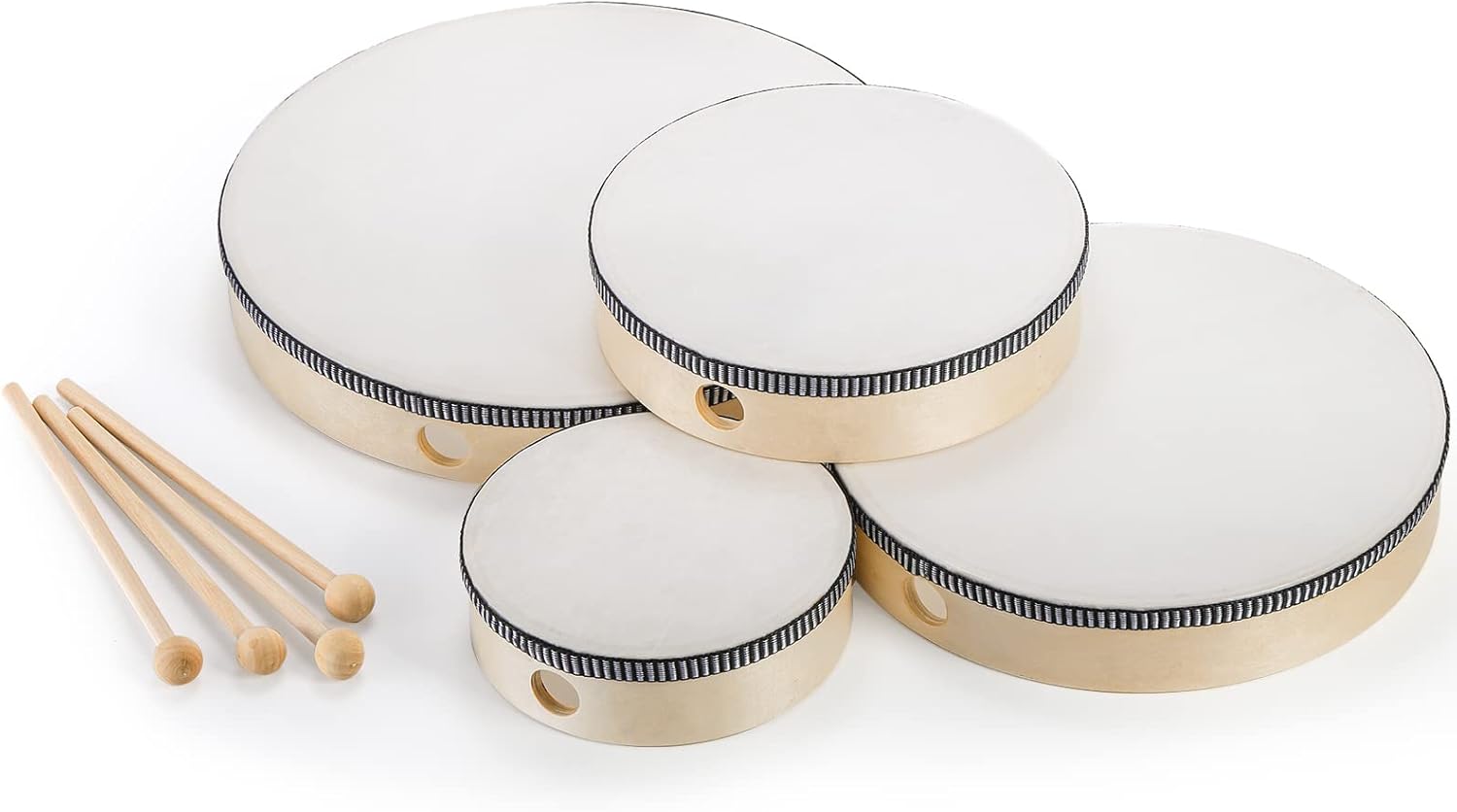Foraineam 4 Pack Hand Drum 12 Inch 10 Inch 8 Inch 6 Inch Wood Drum Set Musical Percussion Instrument Wooden Frame Drum with Wooden Drum Sticks for Home Party Supplies