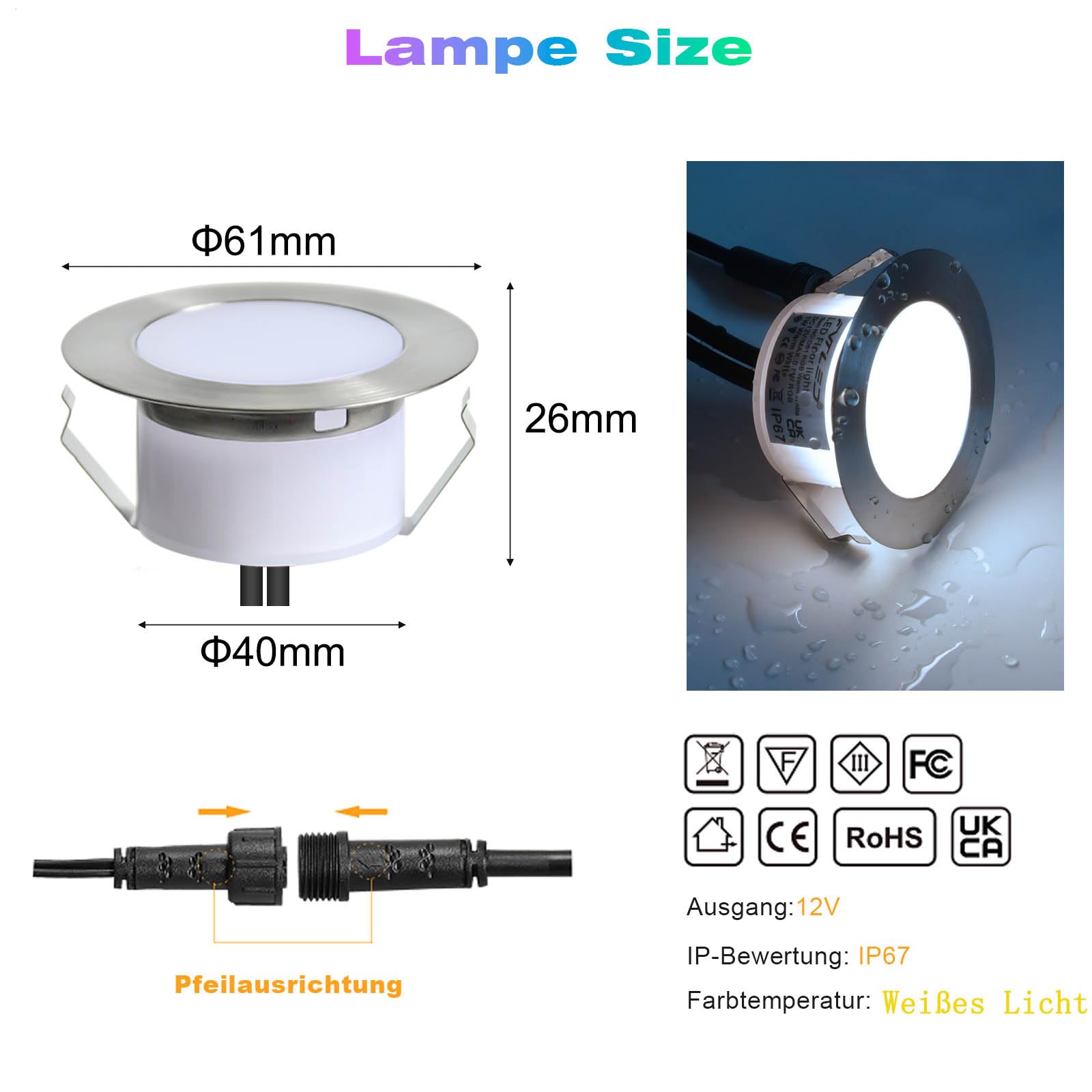 10er Wifi RGB Terassenbeleuchtungen Bodeneinbaustrahler aussen Arbeitet mit Alexa, DC12V Ø61mm 1.5W Große Größe Led bodenleuchten Einbaustrahler Boden Spots außenbereich