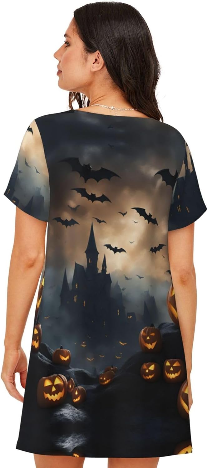 Casual Halloween Flying Bats 3 Print Women S Short Sleeve Sleepwear,Soft Nightgown Comfy Sleepshirt, Casual Loose Dress