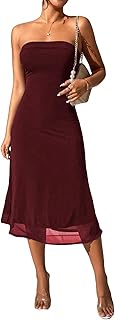 Women's Strapless Midi Dress Tube Top Off Shoulder Sleeveless Fitted Cocktail Club Party Formal Long Dresses - Buy now