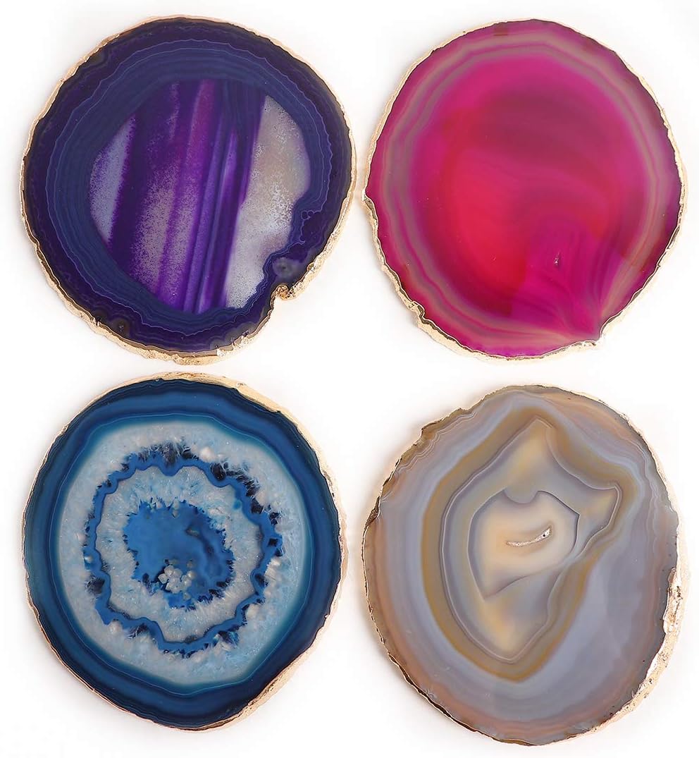 JIC Gem Mixed Color Agate Coasters Set of 4, Dyed Crystal Coaster for Drinks, Geode Agate Slice with Gold Edge, with Rubber Bumper,for Coffee Table,Home Decor (3－4")