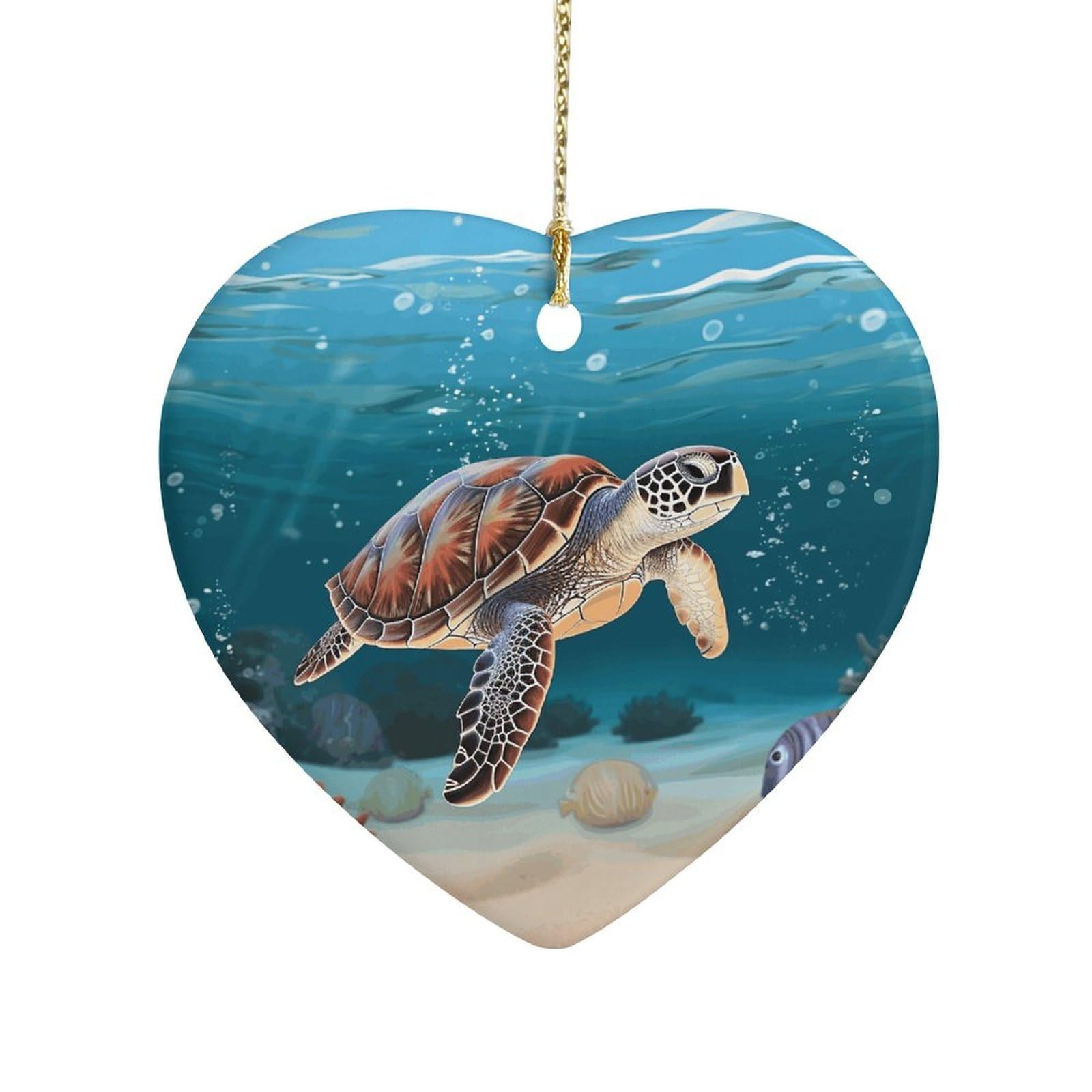 Sea Turtle Swimming Heart Ornament Precious Heart-Shaped Pendant Idea Ceramic Ornaments with Gold String Personalized Heart Shaped Decoration for Outdoor Party Love