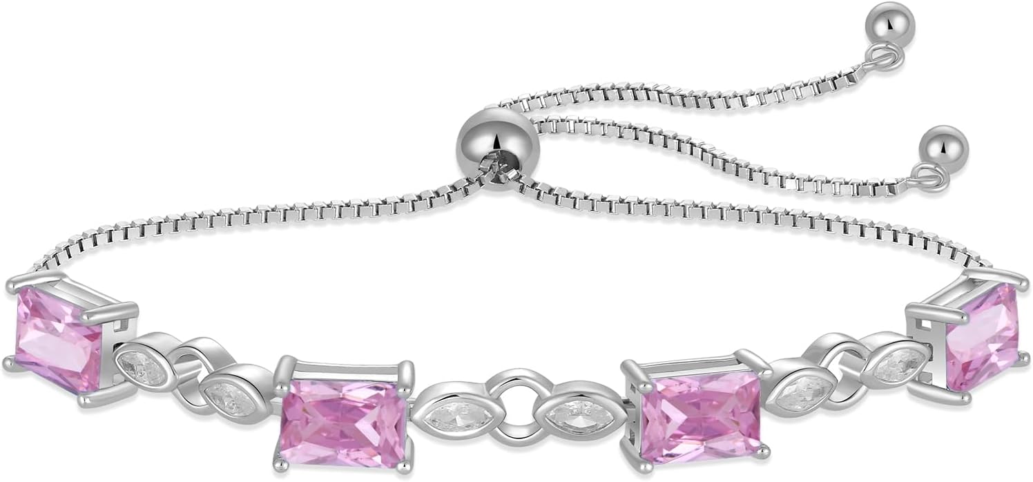 Gemstone Bracelet for Women S925 Sterling Silver Radiant Cut Cubic Zirconia Bracelet Adjustable Birthstone Jewelry Gift