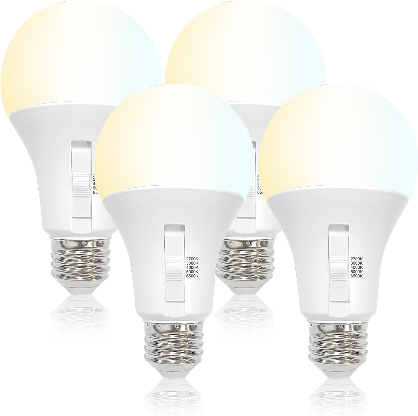 FLSNT A19 Dimmable LED Light Bulb, 9W (60W Equivalent), 5 Color Temperature Selectable (2700K-6500K), 810 Lumens, CRI90, 5CCT, Indoor and Outdoor, Perfect for Lamps and Home Lighting（4 Pack）