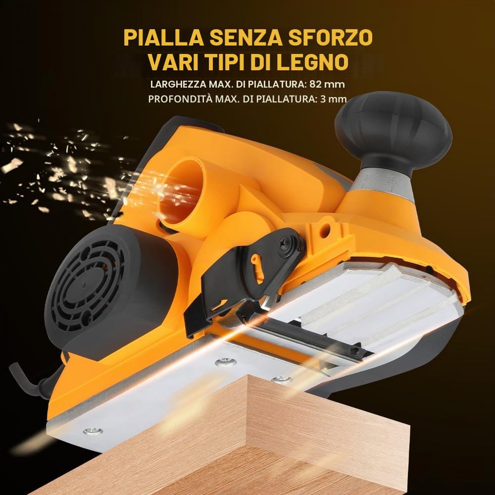 Hoteche Pialla elettrica 900 W, 82 x 3 mm – 16000 rpm, lame 65 mn, spina VDE, piastra in alluminio, accessori inclusi – nero e giallo