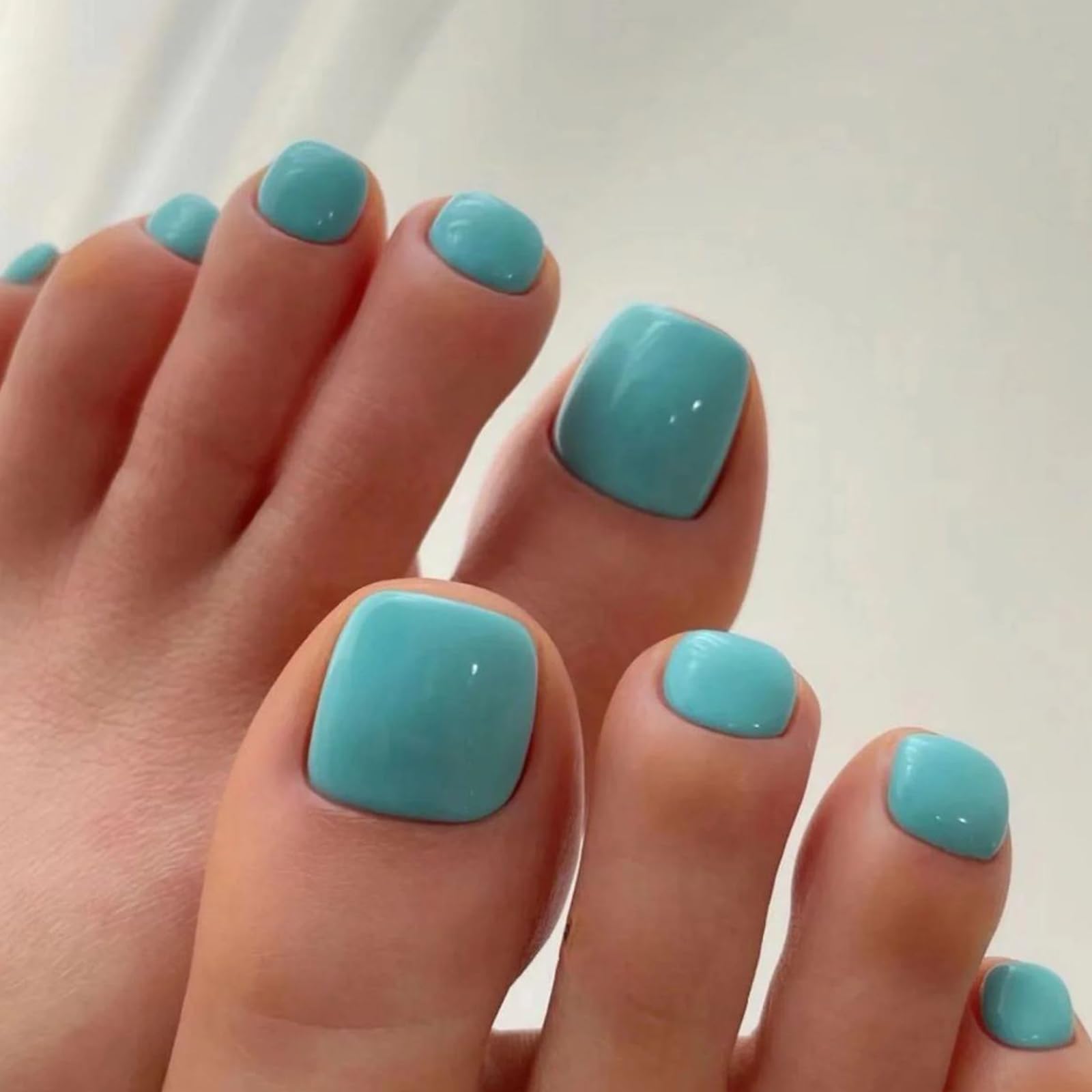 24Pcs Press on Toenails Short Square, Lake Blue French Tip False Toenails