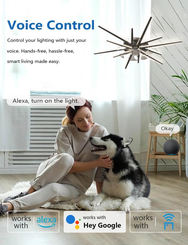 LJX Inteligentny wentylator sufitowy ze światłem, 91 cm, współpracuje z Alexa DC, ściemniany wentylator LED z pilotem zdalnego sterowania, 2,4 G, WiFi, cichy, odwracalny, nowoczesny design, do