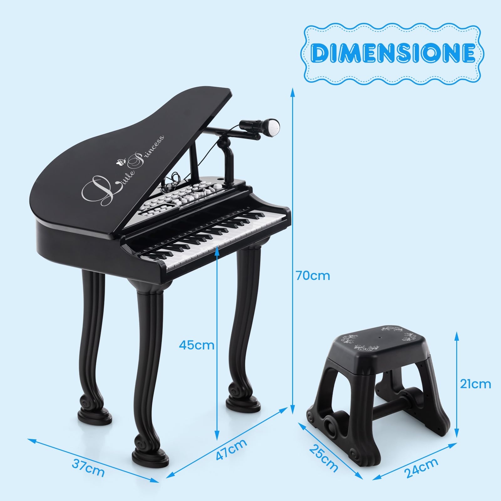 RELAX4LIFE Pianoforte per Bambini con 31 Tasti e Sgabello, Tastiera Pianoforte Elettronico con Microfono, Funzione di Registrazione e Riproduzione, Giocattolo Musicale per Bambini 3+ Anni (Nero)