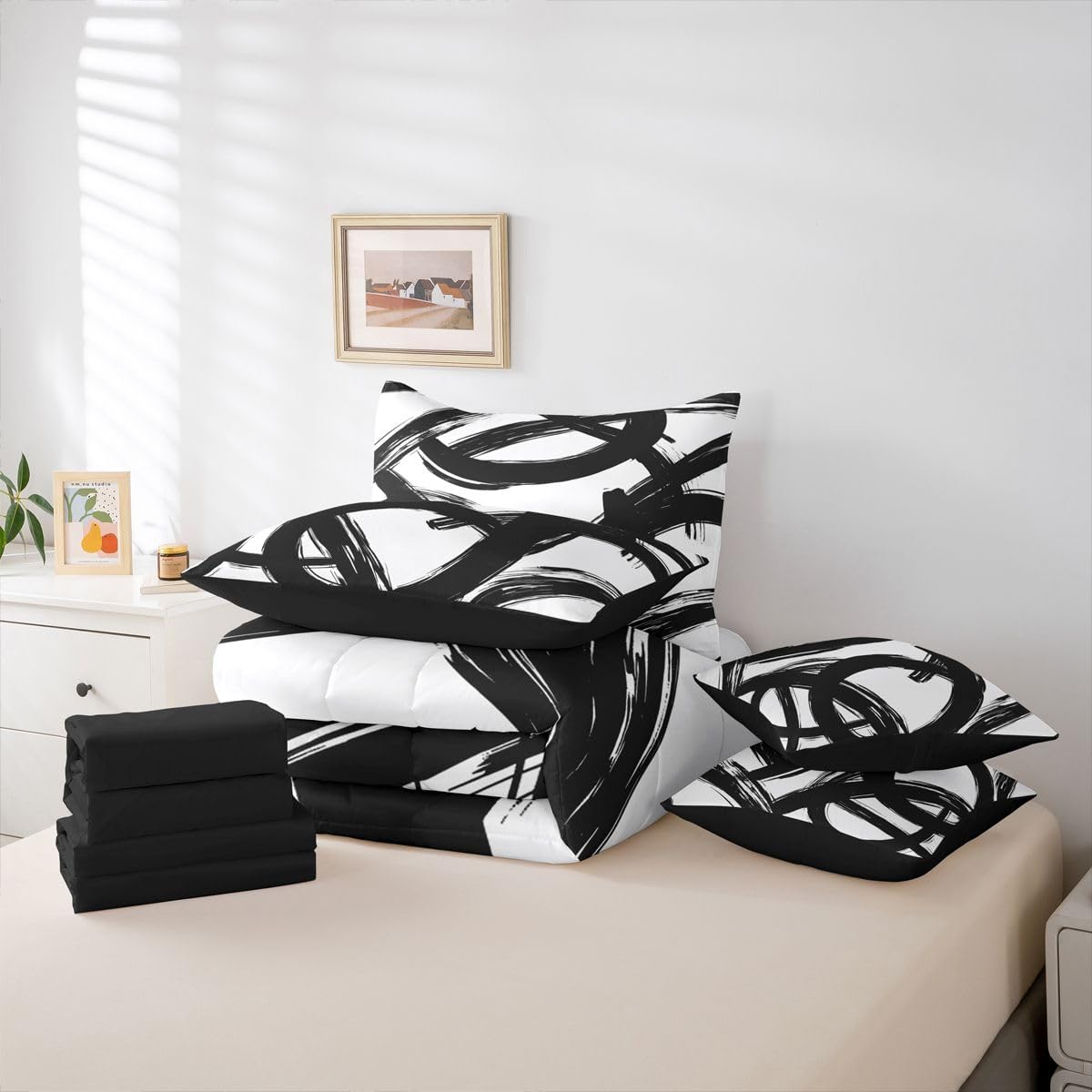 Erosebridal Black White Abstract 7 Piece Comforter Set King Bed in A Bag Modern Graffiti Minimalist Line Bedding Set Simple Sketch Cool Unique Geometric Sheet Set Ink Painting Aesthetic Quilt