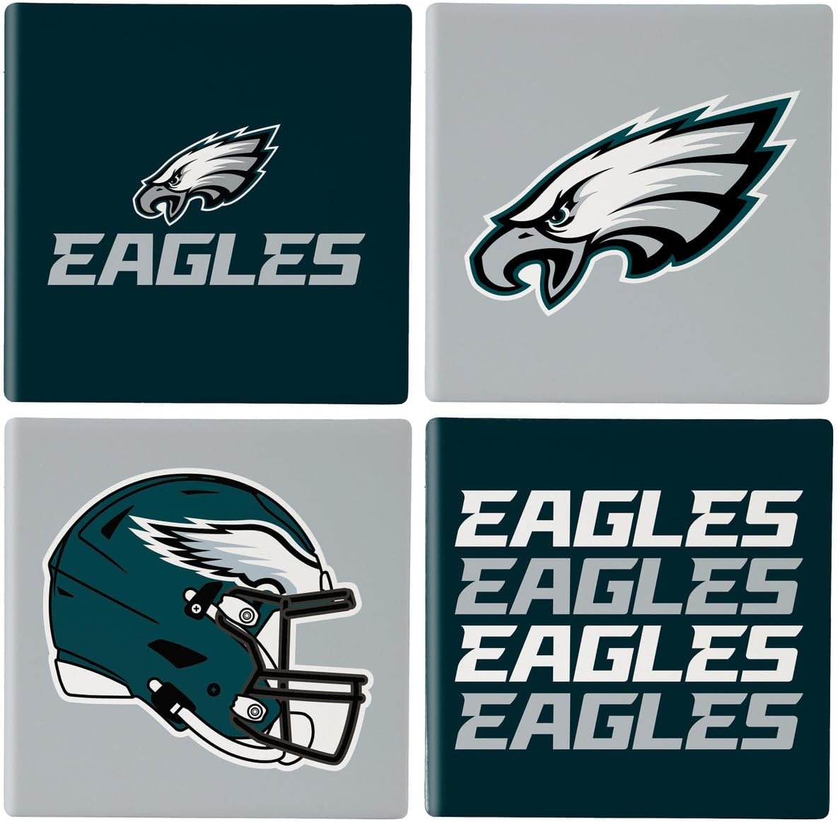 NFL Philadelphia Eagles Coasters Gift Set with Wood Caddy, 4pcs Ceramic Stone Drink Coasters with Wooden Holder, Football Tabletop Décor for Home, Bar, Man Cave, Holiday for Men Women