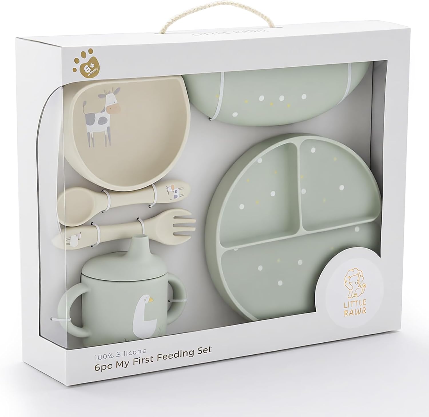 Little Rawr Baby Led Weaning Bundle, 100% Silicone Baby Feeding Set Includes Divided Plate, Suction Bowl, Straw Cup, Bib, Spoon & Fork, Develops Self Feeding Skills, Dishwasher Safe (Green)