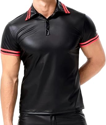 SEAUR Mens Shiny Patent Leather Jacket Casual Slim Fit Leather Muscle Tank Top T-Shirts Nightclub Party Clubwear