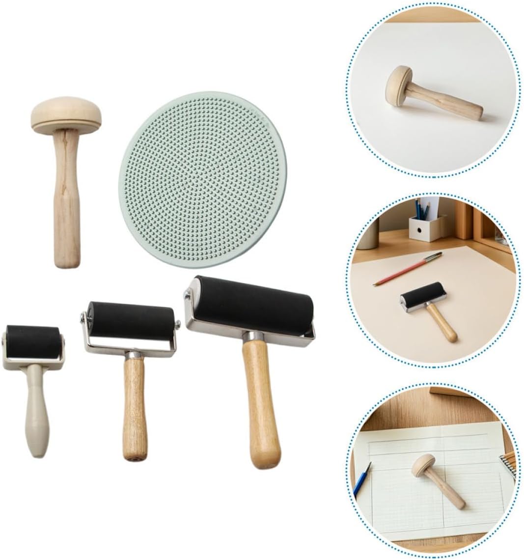 JOINPAYA 5pcs Printmaking Tool Set with Wooden Mushroom Roller, Rubber Ink Brayers, and Plastic Baren for Block Printing DIY Craft Supplies