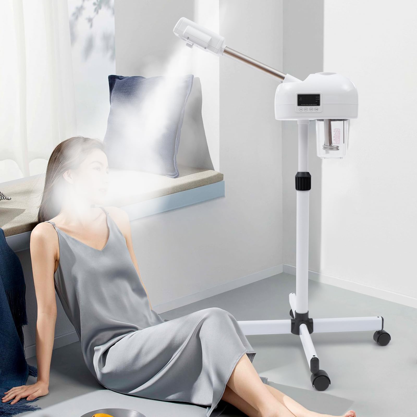 Vaporizzatore viso professionale con funzione ozono e vapore caldo, schermo LCD, per salone e casa, rimuovere punti neri, ridurre l'invecchiamento della pelle, il vapore può regolare l'altezza (bianco