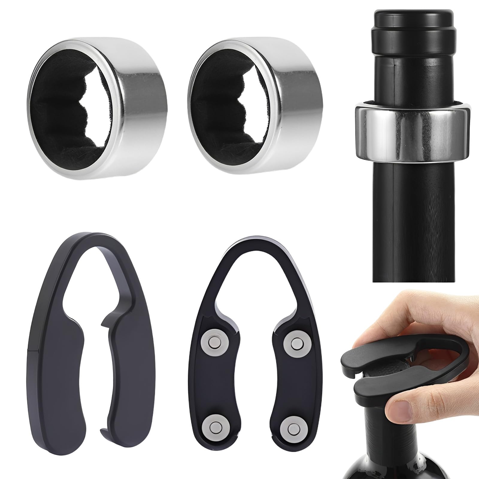 Set de 4 Piezas Cortador de Cápsulas de Vino y Anillos Antigoteo, Accesorios de Vino Profesionales para Quitar el Papel de Aluminio de Botellas, Corta Cápsulas Ergonómico y Duradero, Negro