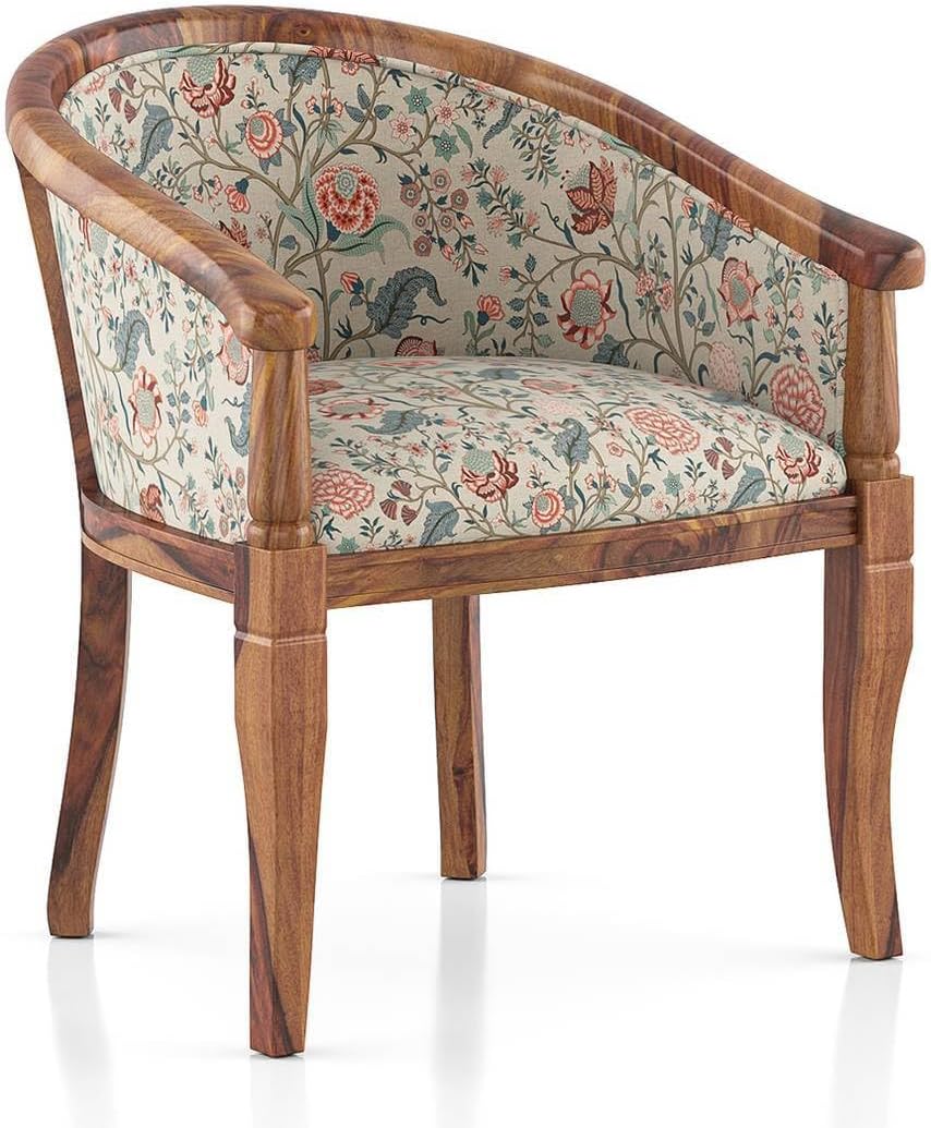 Solid Wood Chair Wooden Single Seater Sofa Chair for Living Room, Bedroom, Outdoor & Indoor - Teak & Calico Floral