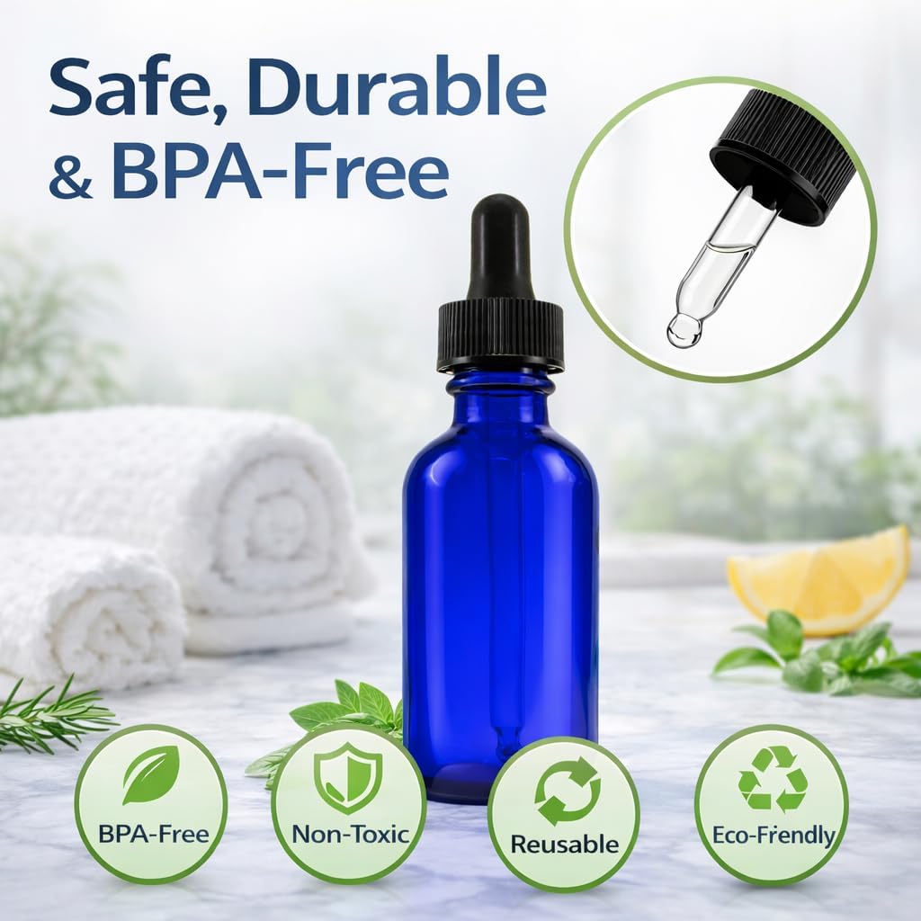 GreenHealth 2oz Cobalt Blue Glass Dropper Bottles – Pack of 2 – Refillable, UV Protection, BPA-Free, Travel Size – Ideal for Essential Oils, Serums, Tinctures, DIY Aromatherapy