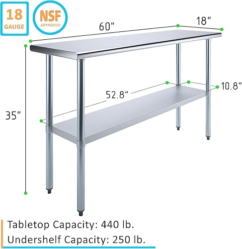 Miniatura 2 de Express KitchQuip Mesa de preparación de acero inoxidable resistente con certificación NSF para uso doméstico y comercial con estante galvanizado,