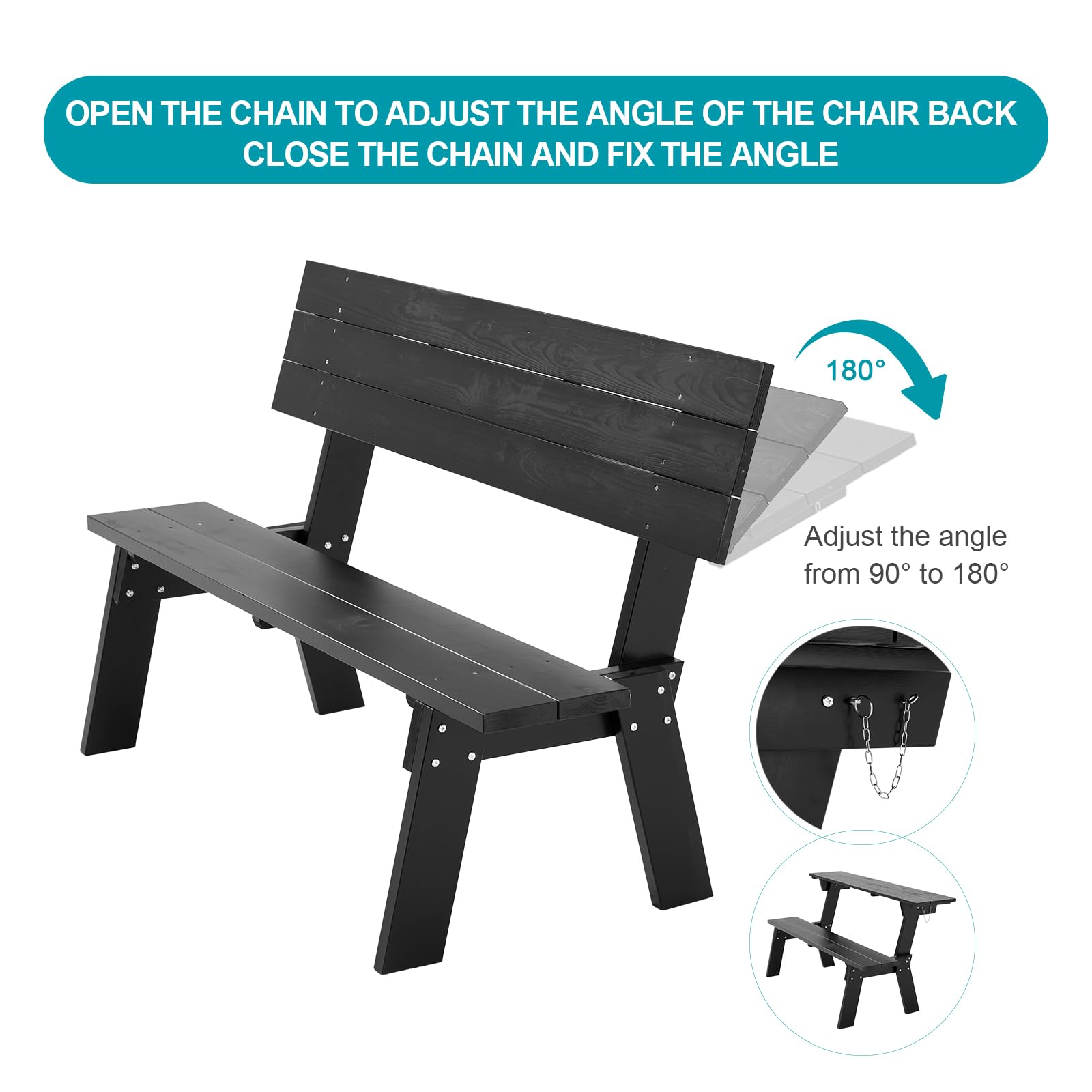 Set tavolo da picnic e panca in legno con telaio convertibile per 6 persone, perfetto per cortile, portico, patio e mobili da giardino