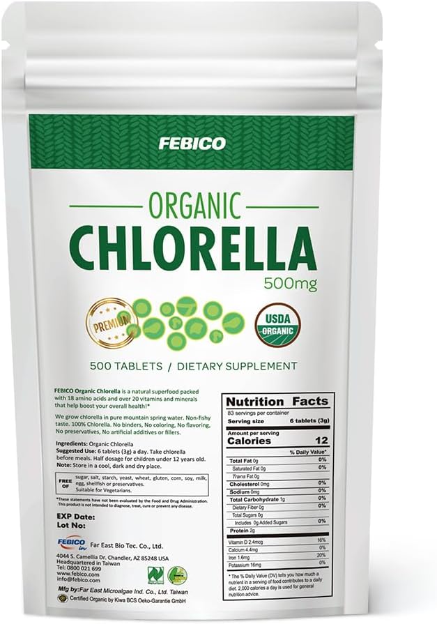 Chlorella Tablets 500mg, 500ct, 83 Days - USDA Organic, Vegan, Food,Non-GMO, Detox, Broken Cell Wall by Taiwan