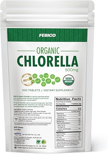 Chlorella Tablets 500mg, 500ct, 83 días - USDA orgánico, vegano, alimentos, sin OMG, desintoxicación, pared celular rota por Taiwán