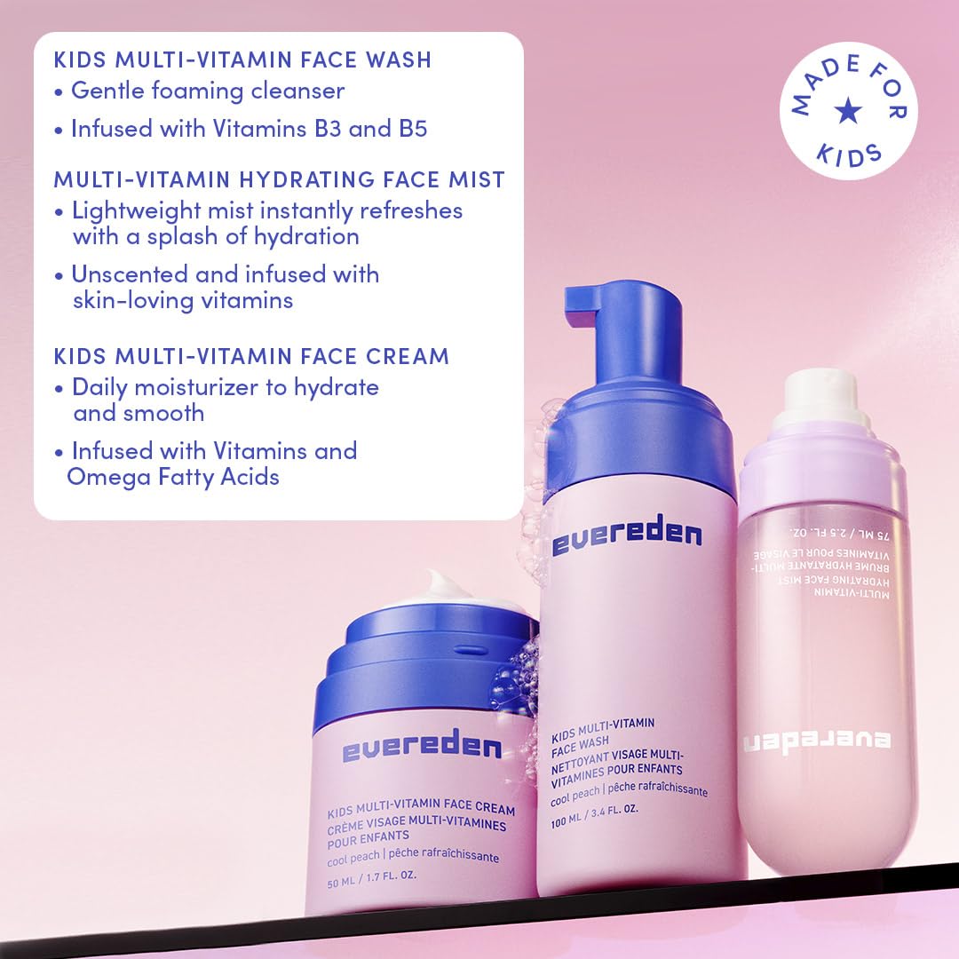Evereden Kids Multi-Vitamin Hydrating Face Mist, Face Wash, & Kids Face Cream Set: Clean, Vegan, and Multivitamin-Rich Kids Skin Care Set for 6 & up - Moisturize & Refresh